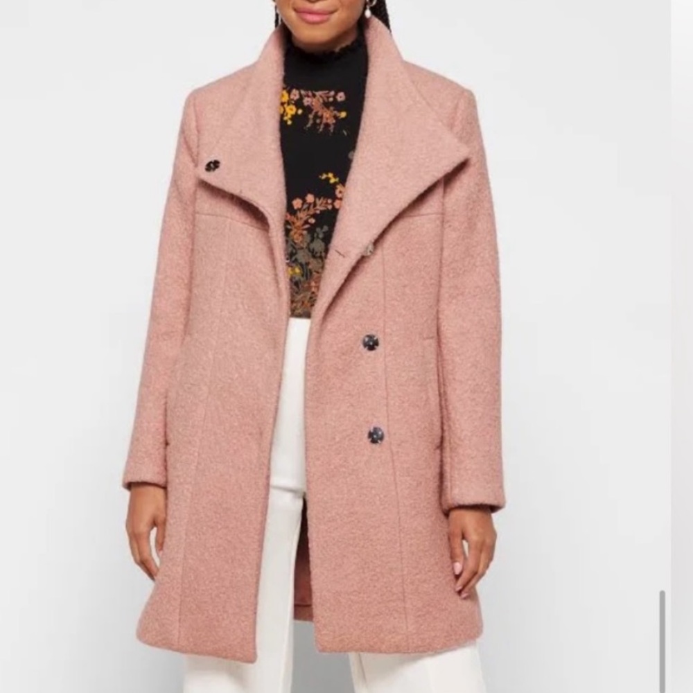 EUC Kenneth Cole Blush Pink Bouclé Wool Asymmetrical Stand Collar Winter Coat - Picture 2 of 7